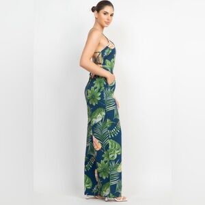 New! Crisscross Wide Leg Tropical Jumpsuit Blue and Green